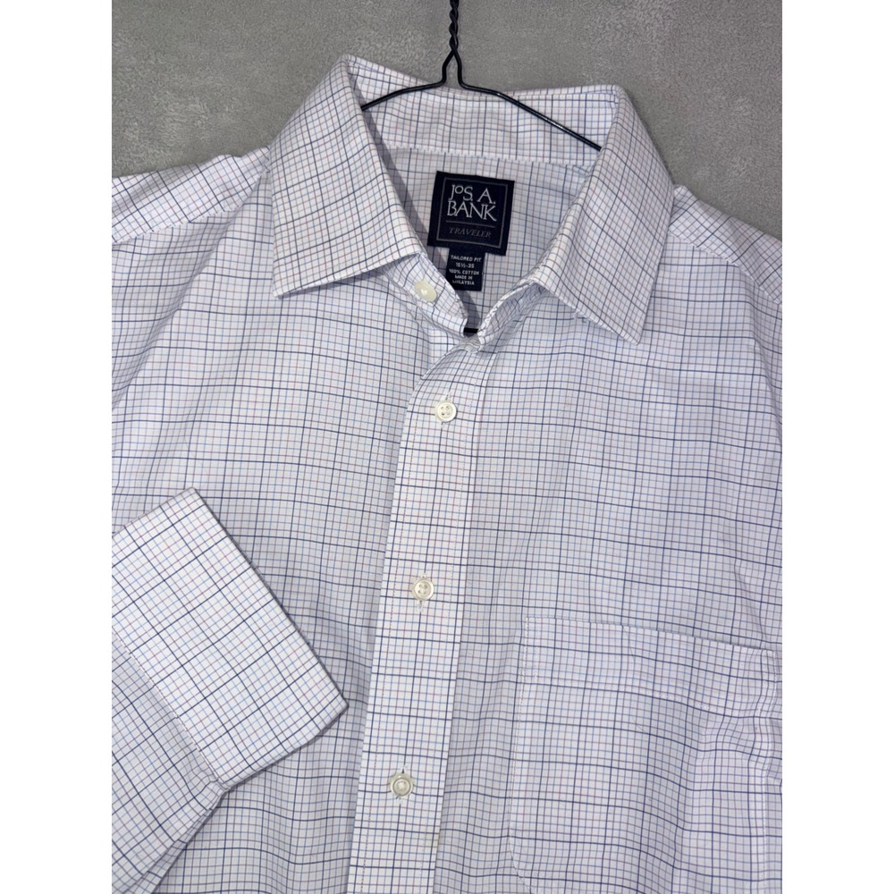 Jos. A. Bank Traveler Dress Shirt Mens 15.5X35 Tailored Fit Blue Purple Check